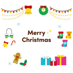 Cute Christmas Decoration Illustration (Bells, Wreath, Garland, Presents) – with text, transparent background（クリスマスイラスト）