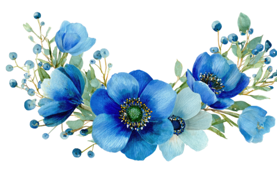 Blue floral watercolor wreath with berries on black