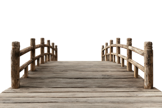 Rustic wooden bridge against a black background