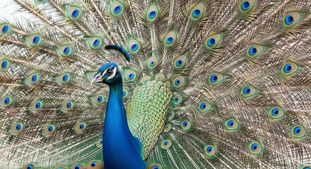 Obraz premium Peacock displaying feathers plumage in full display