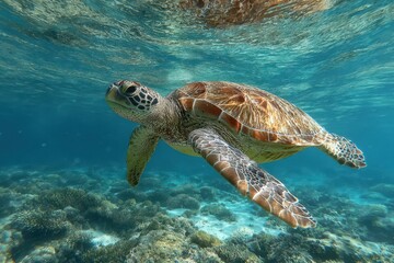 Fototapeta premium Swimming sea turtle gliding gracefully through the clear blue ocean waters of a vibrant coral reef habitat