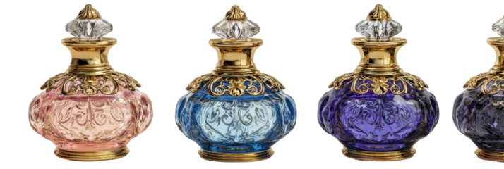 Ornate glass bottles with gold trim in various colors