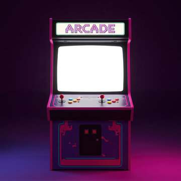 Retro Arcade Game Machine with Blank Screen and Neon Lights, Isolated Screen Transparent Background