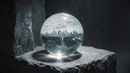 Crystal ball reflecting cityscape atop stone blocks
