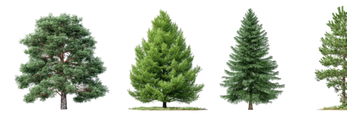 Four diverse conifer trees against a black background