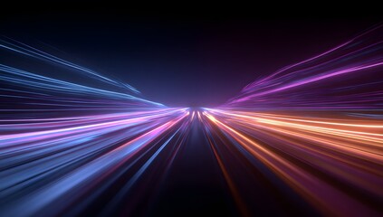 Abstract light trails in shades of blue and orange streak across a dark background creating a sense of speed and motion through a futuristic tunnel