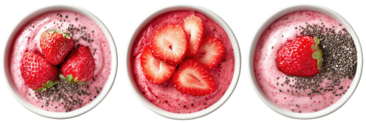 Three bowls of strawberry yogurt with varied toppings