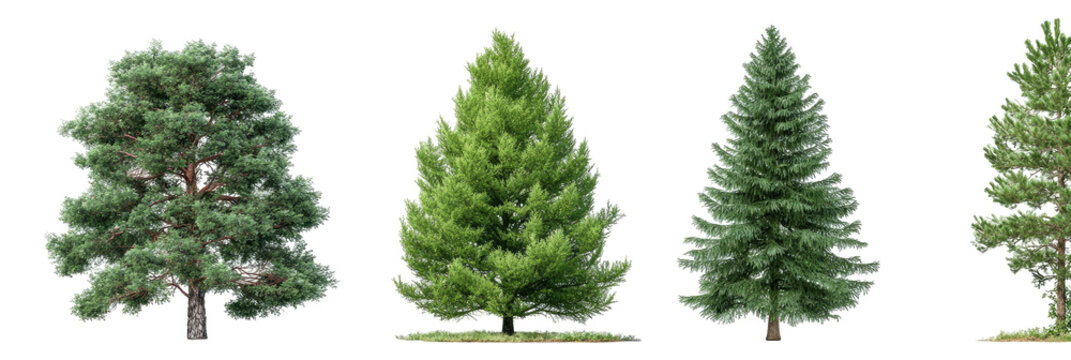 Four diverse conifer trees against a black background