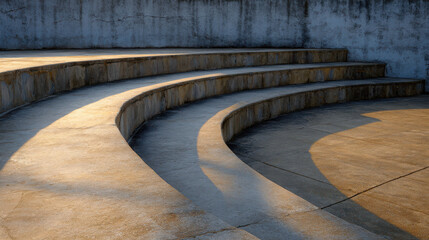 Concrete Amphitheater Steps Bathed in Early Morning Light with Soft Shadows Highlighting Curved Surfaces in a Tranquil Setting