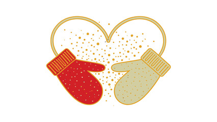 Flat vector pair of mittens forming a heart shape with snow dust between them, red and pale beige on pure white background , warmth of togetherness in winter.
