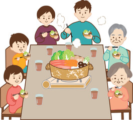 お鍋を楽しむ三世代の家族