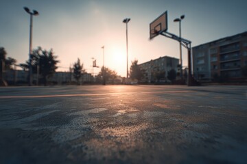 Fototapeta premium Wide view of a basketball court at sunset showcasing the vibrant sky and silhouettes of buildings in the background