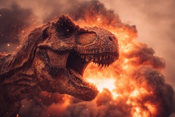 Extinction event featuring a roaring Tyrannosaurus Rex amidst fiery volcanic eruptions