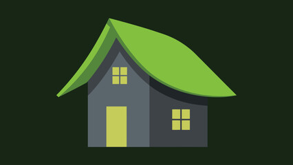 Flat vector simple house with a leaf roof, green and charcoal on pure white background , eco-home design concept.