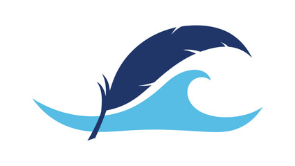 Flat vector single feather gradually transforming into a soft ocean wave, navy blue and cyan on pure white background , calm balance between air and water.
