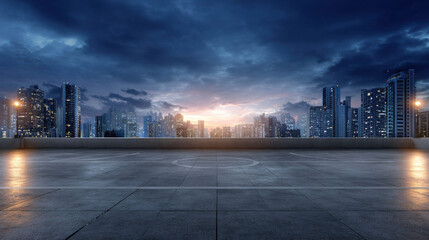Expansive View of Empty Rooftop Football Court Under Cloudy Sky with Urban Skyline in Background during Sunset