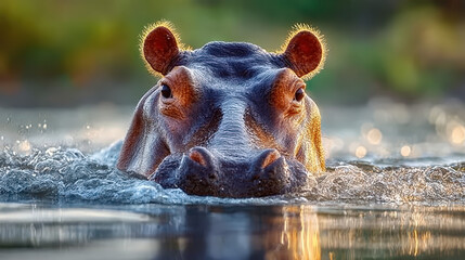 Fototapeta premium Striking Close Up Hippopotamus Submerged in Water at Golden Hour. Ai Generated Images