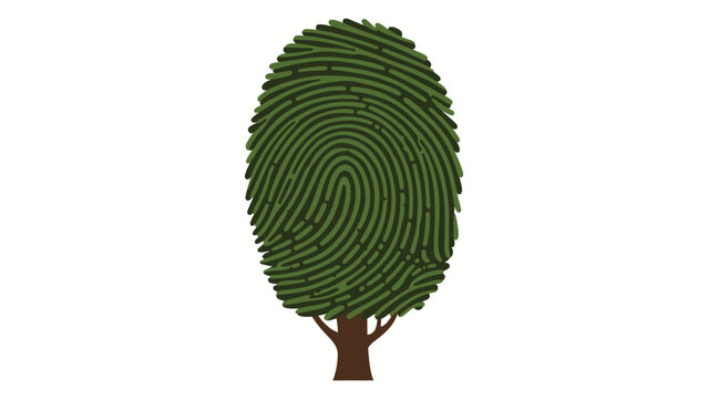 Flat vector tree trunk shaped like a human fingerprint, green and dark brown on pure white background , identity and nature unity.