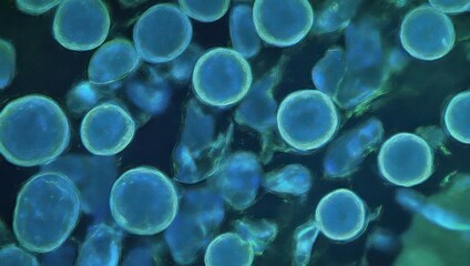 Microscopic view of round, teal-hued cells against a dark background.  Various sizes and shapes, suggesting biological tissue