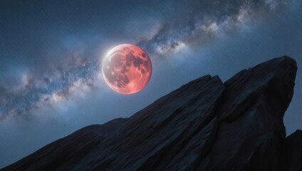 Blood moon over rocky peaks, night sky filled with Milky Way