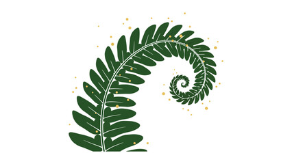Minimal vector of a single fern leaf unfolding with tiny golden dots along its curve, symbolizing nature’s quiet rebirth, on a clean white background.