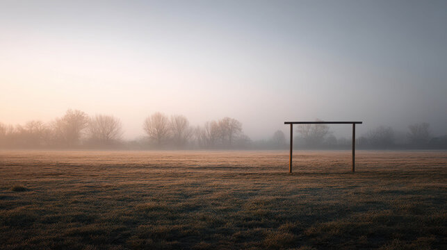 Morning Mist with Dew on Grass and a Single Football Goalpost Surrounded by Soft Light in a Serene Landscape