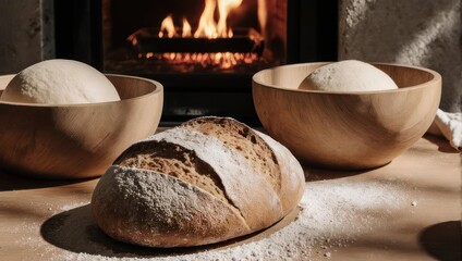 Freshly baked bread beside wooden bowls near a warm fireplace