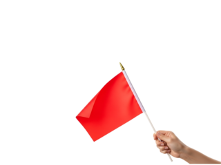 Hand holding a small red flag isolated on transparent background