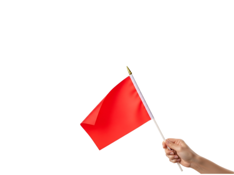 Hand holding a small red flag isolated on transparent background