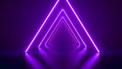 Illuminated abstract geometric tunnel formed by glowing purple neon triangles creating a futuristic portal with reflections on a dark reflective surface