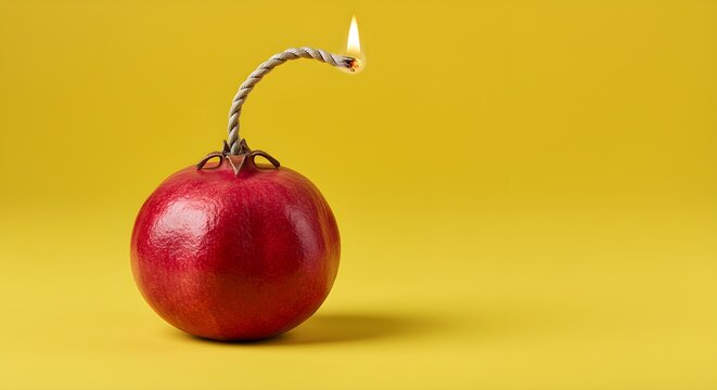 A red apple transformed into a bomb, with a burning fuse against a yellow background.