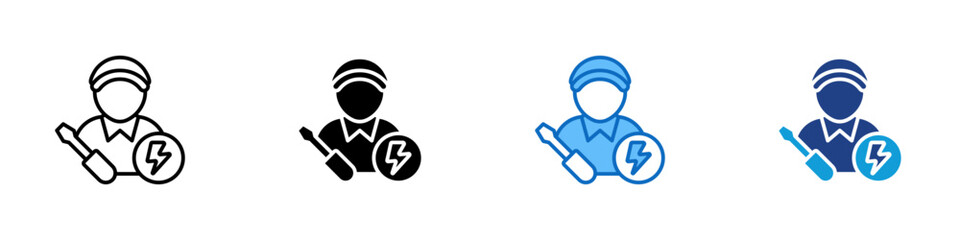 Electrical Worker Multiple Style Icon Design Vector - worker holding a tool and lightning symbol representing an electrical technician or energy maintenance staff