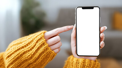 Woman Holding Blank Screen Mobile Device with Knitted Yellow Sweater Lifestyle. Ai Generated Images