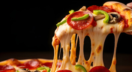 Close-up of hot cheesy pizza slice with melting mozzarella and toppings, delicious fast food photography, comfort meal concept, Italian cuisine with tomato and vegetable ingredients