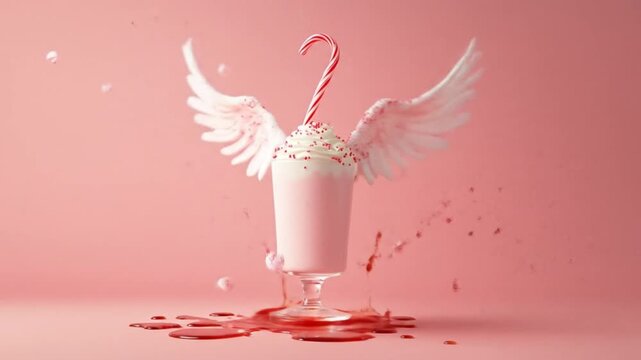 Pink milkshake with wings and candy cane on light pink background