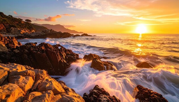 Golden sunset over rocky coastline with crashing waves reflecting sunlight in late afternoon light with long shadows visible across the textured rocks and distant hills.
