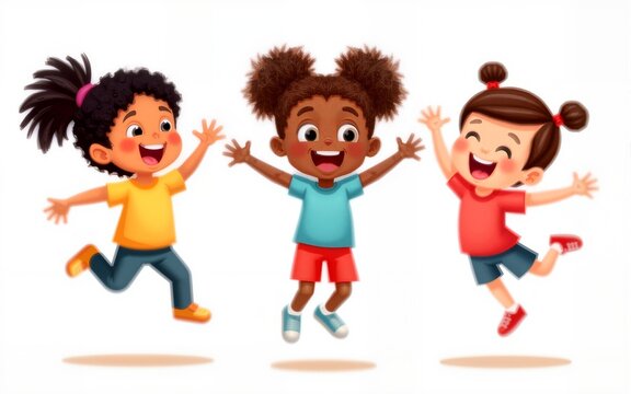 Happy multiracial kids joyfully jumping and laughing. Cartoon character design, isolated on white background. Set 3 of 3. High quality