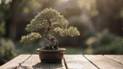Miniature tree in pot, tranquil garden setting