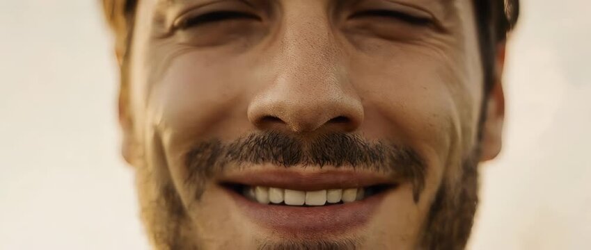 An extreme close-up captures a man's face as he exhales slowly, a gentle smile of pure relief washing over his features. A moment of peace and resolved stress.