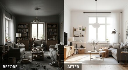 Stunning home makeover comparison showcasing the transformation from a dark, cluttered living room to a bright, clean, and modern Scandinavian-style interior