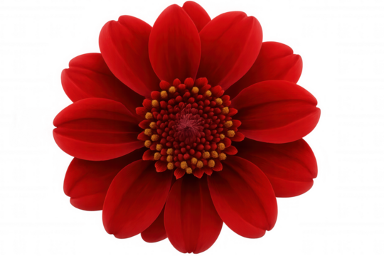 Red flower blooming, a beautiful dahlia with vibrant petals and golden stamens on transparent background