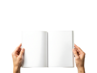 Hands holding an open blank book isolated on transparent background