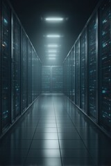 Naklejka premium Dark and Futuristic Data Center Corridor with Light Reflections and Server Racks