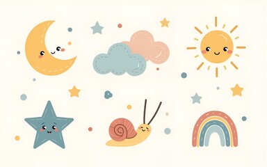 Scandinavian Print with Cute Smiling Moon, Cloud, Star, Rainbow, Snail, Sun Kawaii Icons Vector illustration for Kids Fashion, Nursery Design, Baby shower Greeting Card. High quality