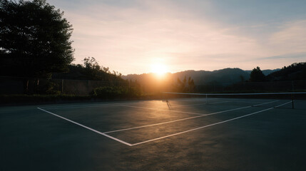 Tranquil Tennis Court at Sunset with Golden Light Illuminating the Landscape in the Background of Mountains and Trees