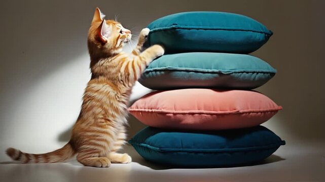 Orange tabby kitten reaching up to a stack of colorful pillows in a softly lit studio setting cat video