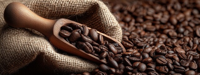 Freshly Roasted Coffee Beans in Wooden Scoop on Burlap Background. Banner, copy space