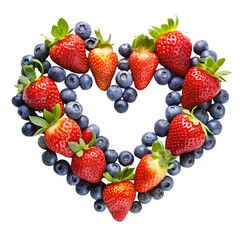 Obraz premium Heart shape made of fresh strawberries and blueberries isolated on transparent background