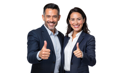 Happy business colleagues, a man and a woman, giving thumbs up, isolated on transparent background