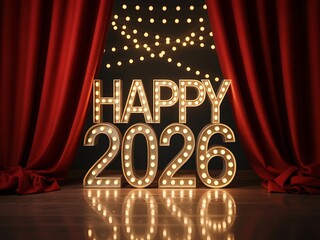 Illuminated marquee letters spell happy 2026 against dramatic red curtains and twinkling lights